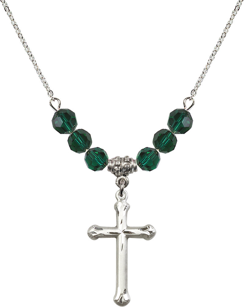 Sterling Silver Cross Birthstone Necklace with Emerald Beads - 6022