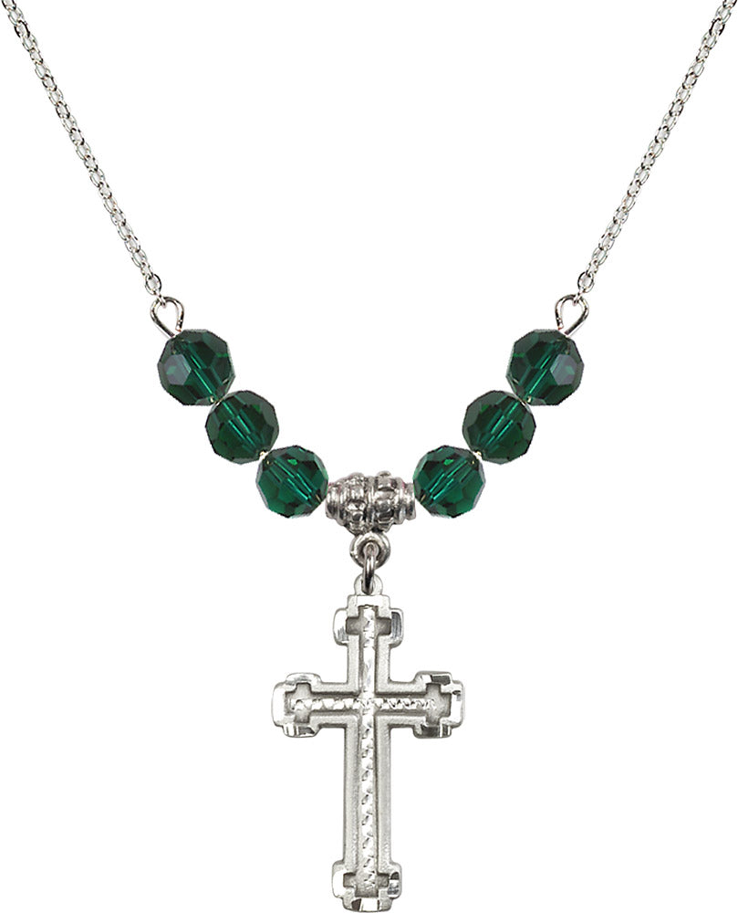 Sterling Silver Cross Birthstone Necklace with Emerald Beads - 6039