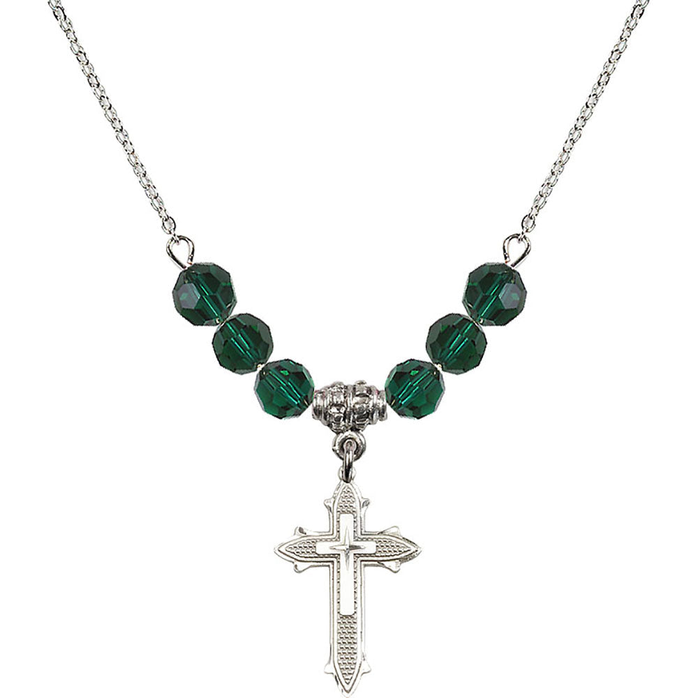 Sterling Silver Cross on Cross Birthstone Necklace with Emerald Beads - 6058