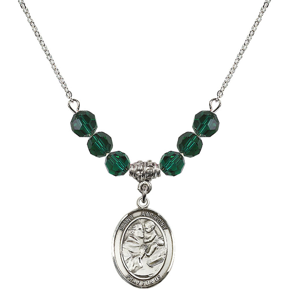 Sterling Silver Saint Anthony of Padua Birthstone Necklace with Emerald Beads - 8004