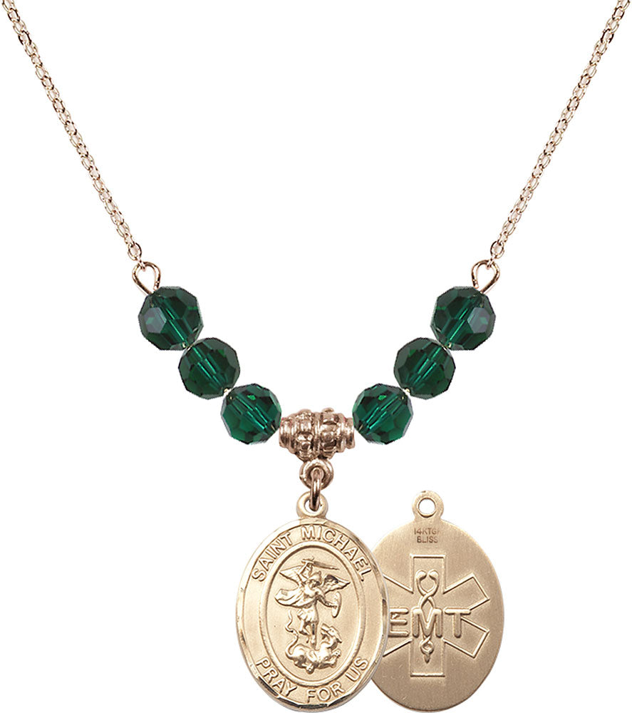 14kt Gold Filled Saint Michael / EMT Birthstone Necklace with Emerald Beads - 8076