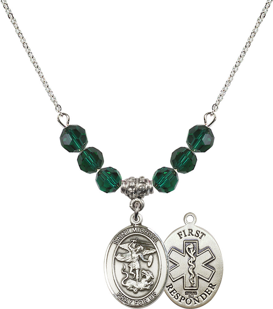 Sterling Silver Saint Michael/1St Responder Birthstone Necklace with Emerald Beads - 8076