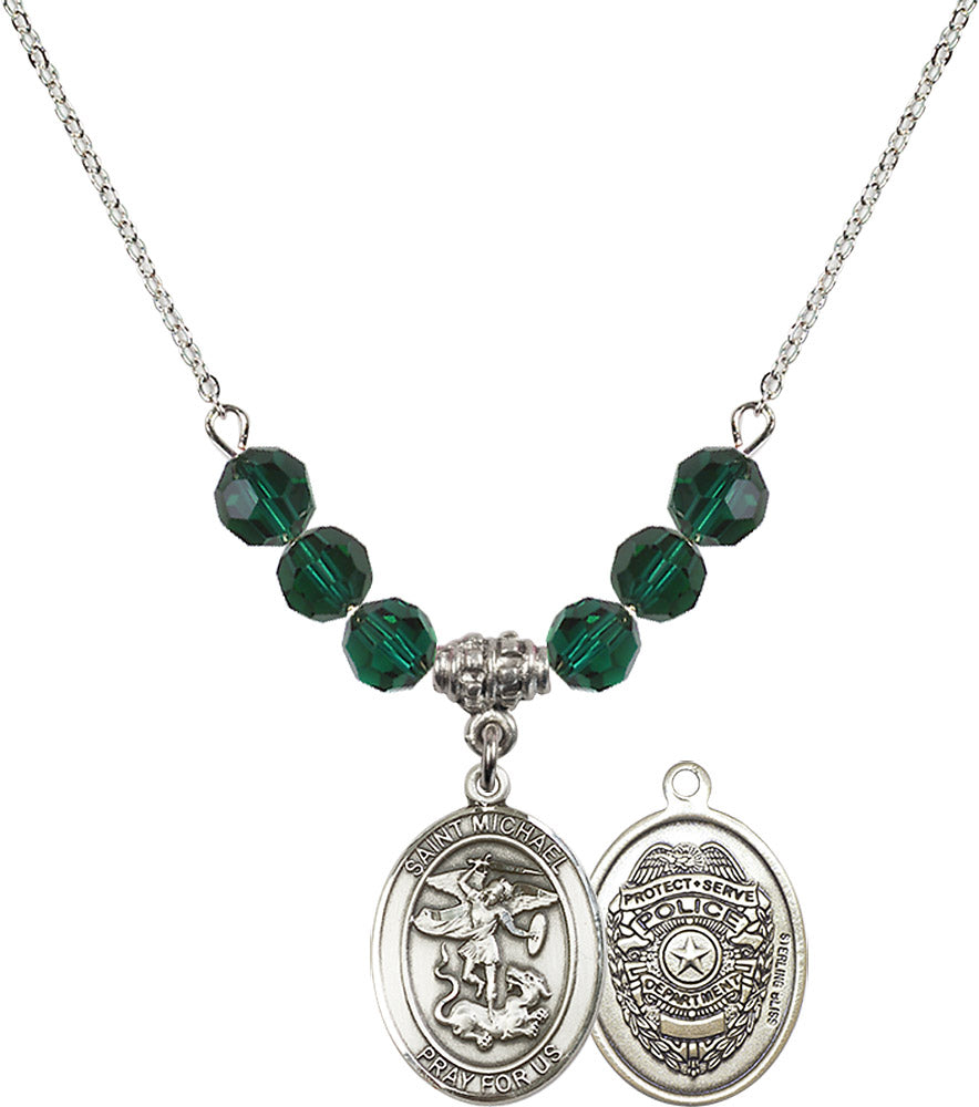 Sterling Silver Saint Michael / Policeman Birthstone Necklace with Emerald Beads - 8076