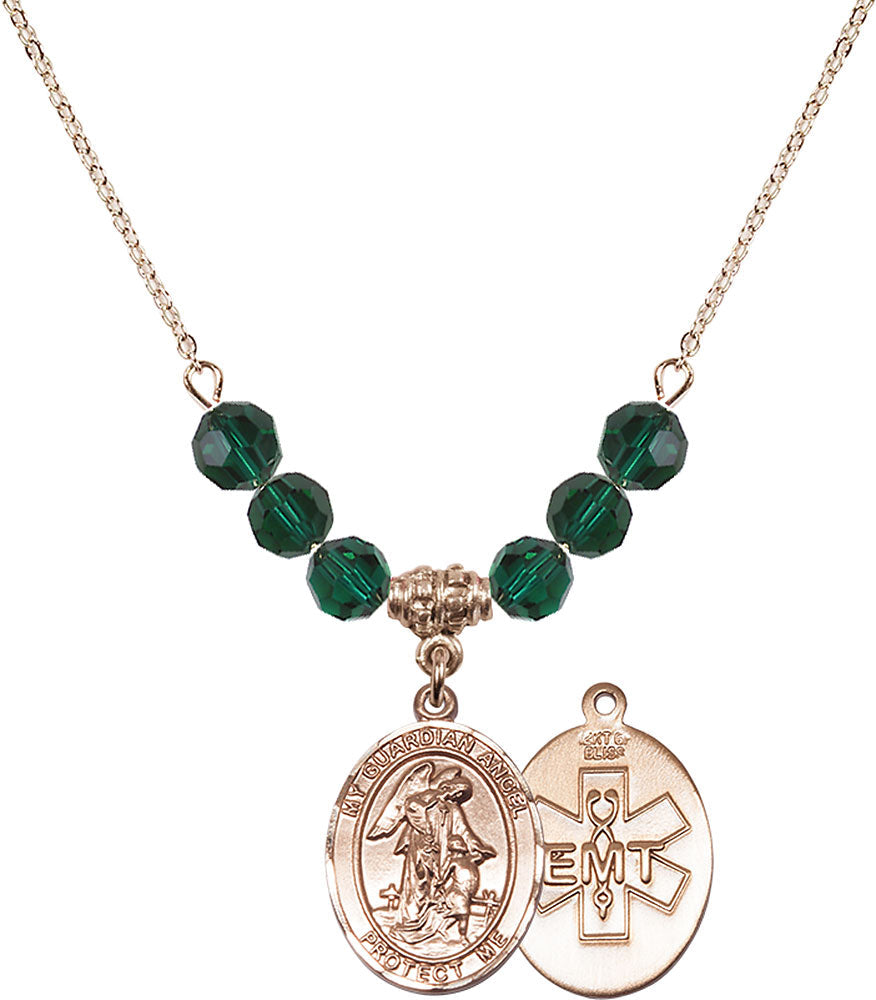 14kt Gold Filled Guardian Angel / EMT Birthstone Necklace with Emerald Beads - 8118