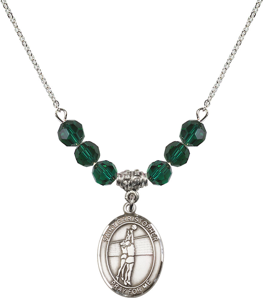Sterling Silver Saint Christopher/Volleyball Birthstone Necklace with Emerald Beads - 8138