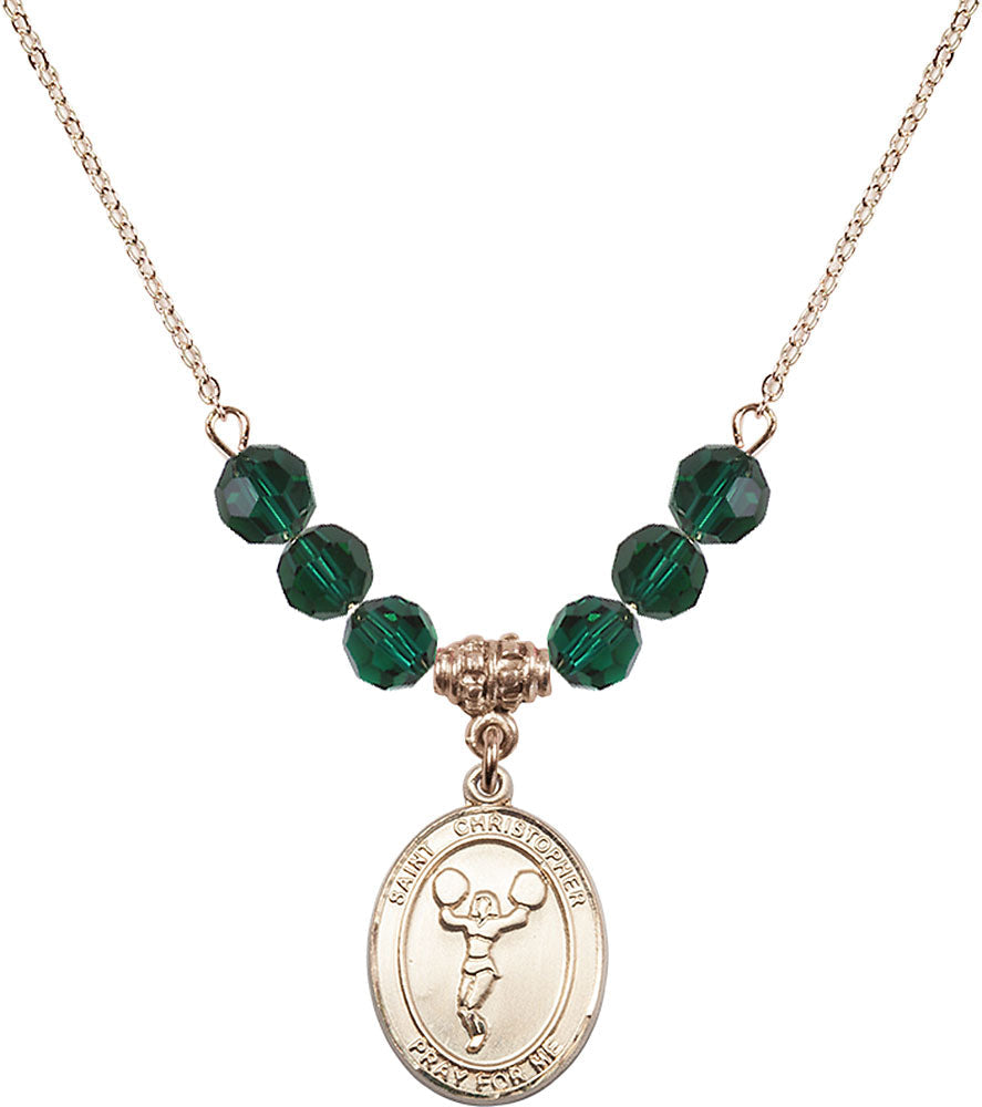 14kt Gold Filled Saint Christopher/Cheerleading Birthstone Necklace with Emerald Beads - 8140