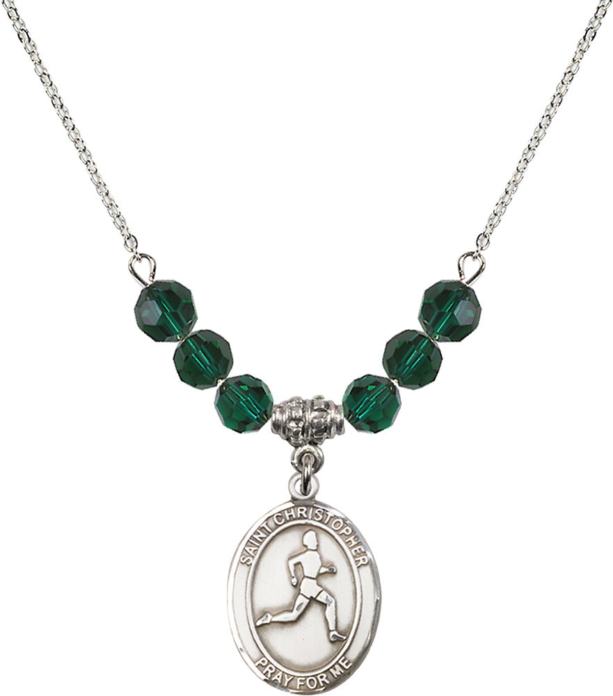 Sterling Silver Saint Christopher/Track & Field Birthstone Necklace with Emerald Beads - 8149