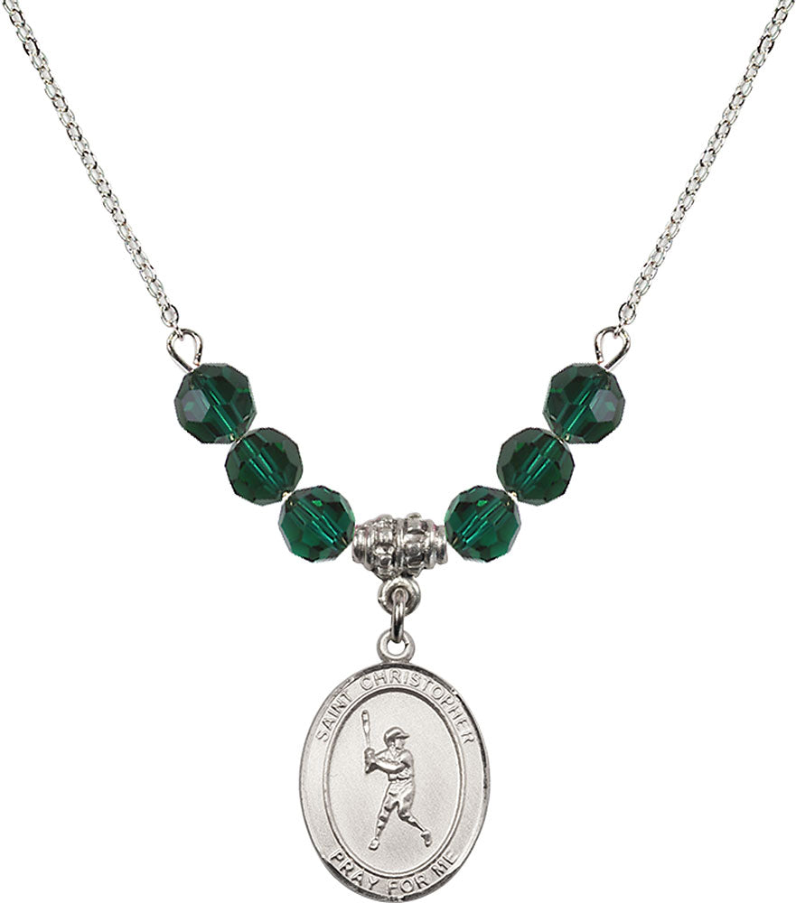 Sterling Silver Saint Christopher/Baseball Birthstone Necklace with Emerald Beads - 8150