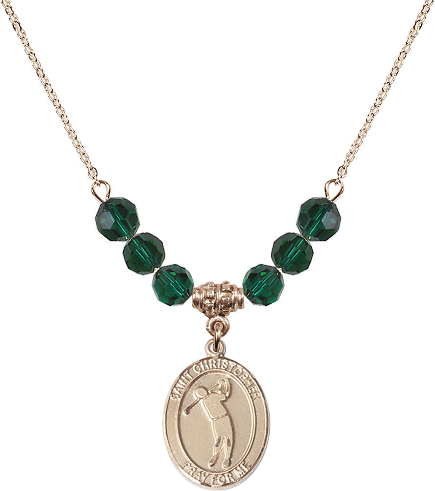14kt Gold Filled Saint Christopher/Golf Birthstone Necklace with Emerald Beads - 8152