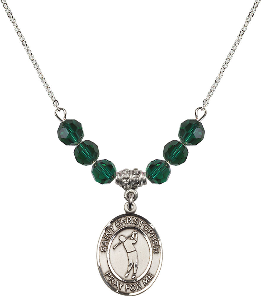 Sterling Silver Saint Christopher/Golf Birthstone Necklace with Emerald Beads - 8152