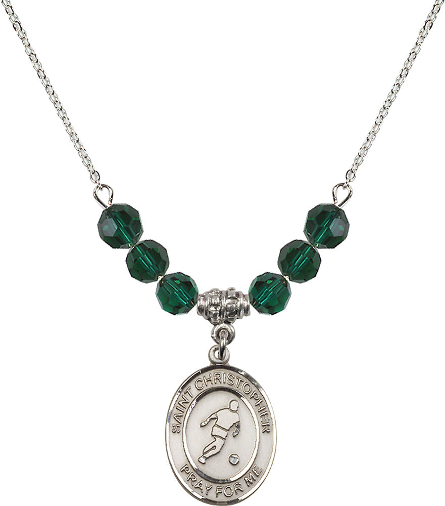 Sterling Silver Saint Christopher/Soccer Birthstone Necklace with Emerald Beads - 8154