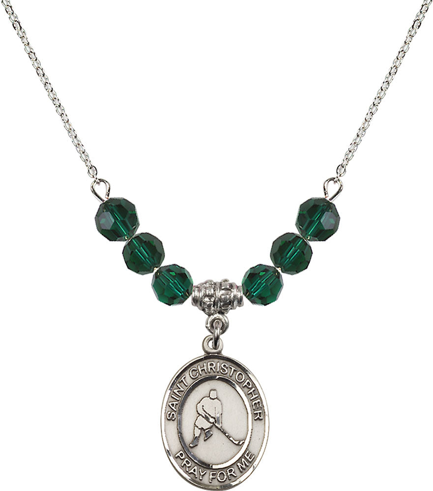 Sterling Silver Saint Christopher/Ice Hockey Birthstone Necklace with Emerald Beads - 8155