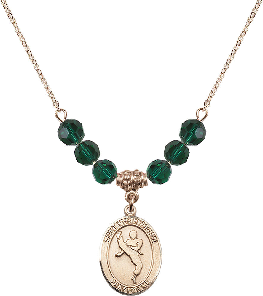 14kt Gold Filled Saint Christopher/Martial Arts Birthstone Necklace with Emerald Beads - 8158