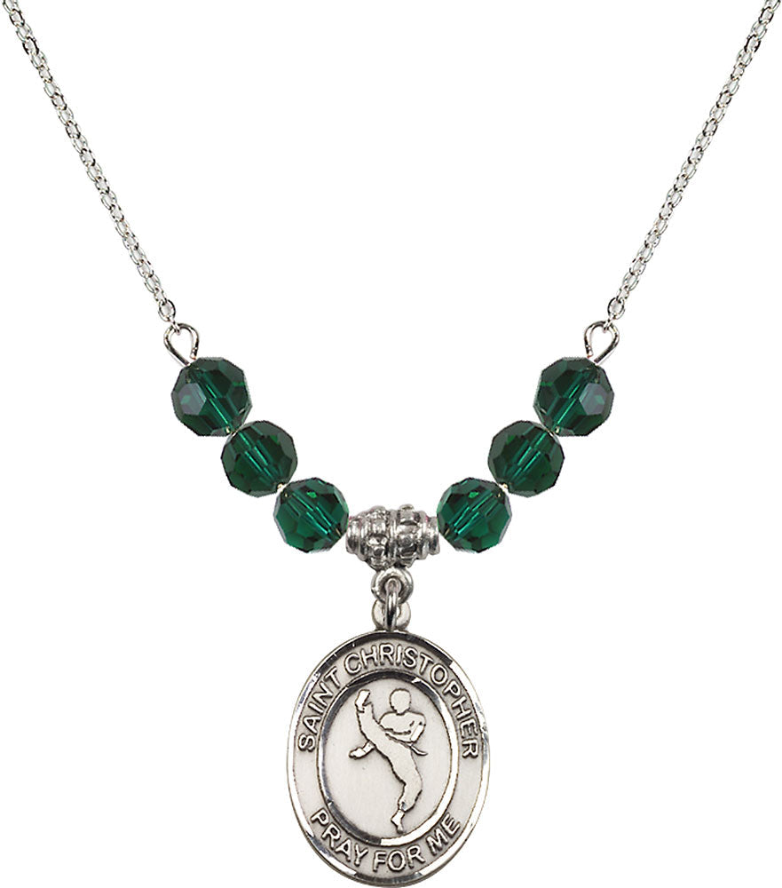 Sterling Silver Saint Christopher/Martial Arts Birthstone Necklace with Emerald Beads - 8158