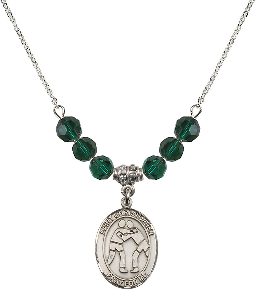 Sterling Silver Saint Christopher/Wrestling Birthstone Necklace with Emerald Beads - 8159