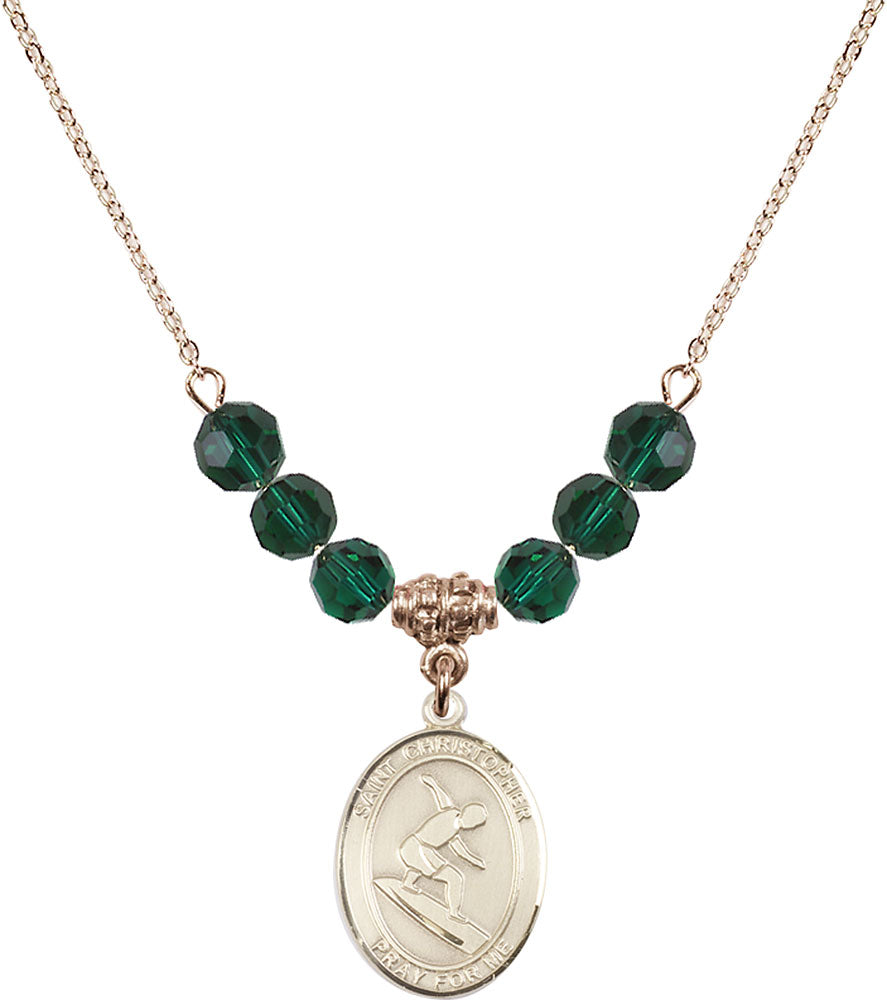 14kt Gold Filled Saint Christopher/Surfing Birthstone Necklace with Emerald Beads - 8184