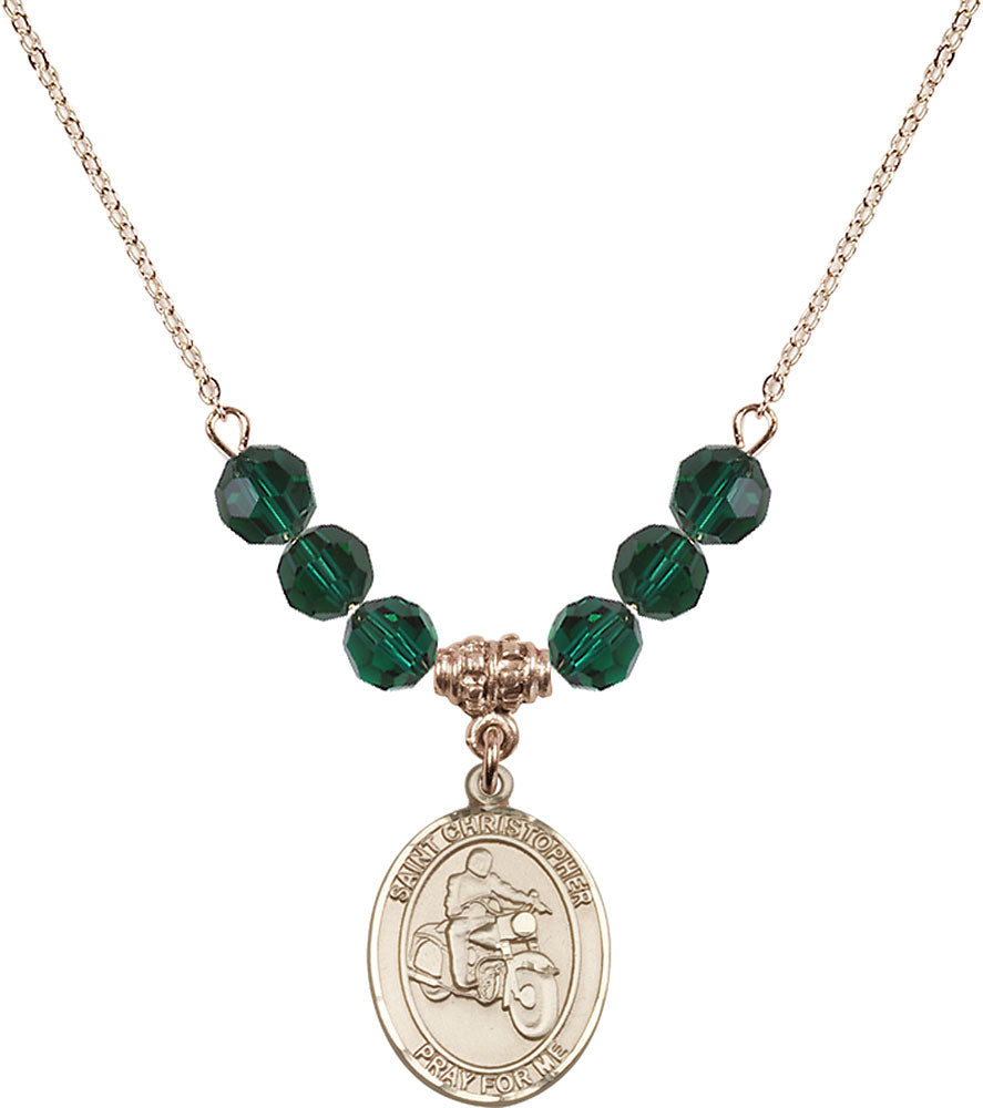 14kt Gold Filled Saint Christopher/Motorcycle Birthstone Necklace with Emerald Beads - 8185