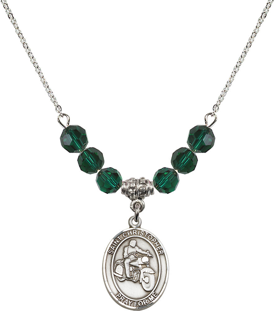 Sterling Silver Saint Christopher/Motorcycle Birthstone Necklace with Emerald Beads - 8185