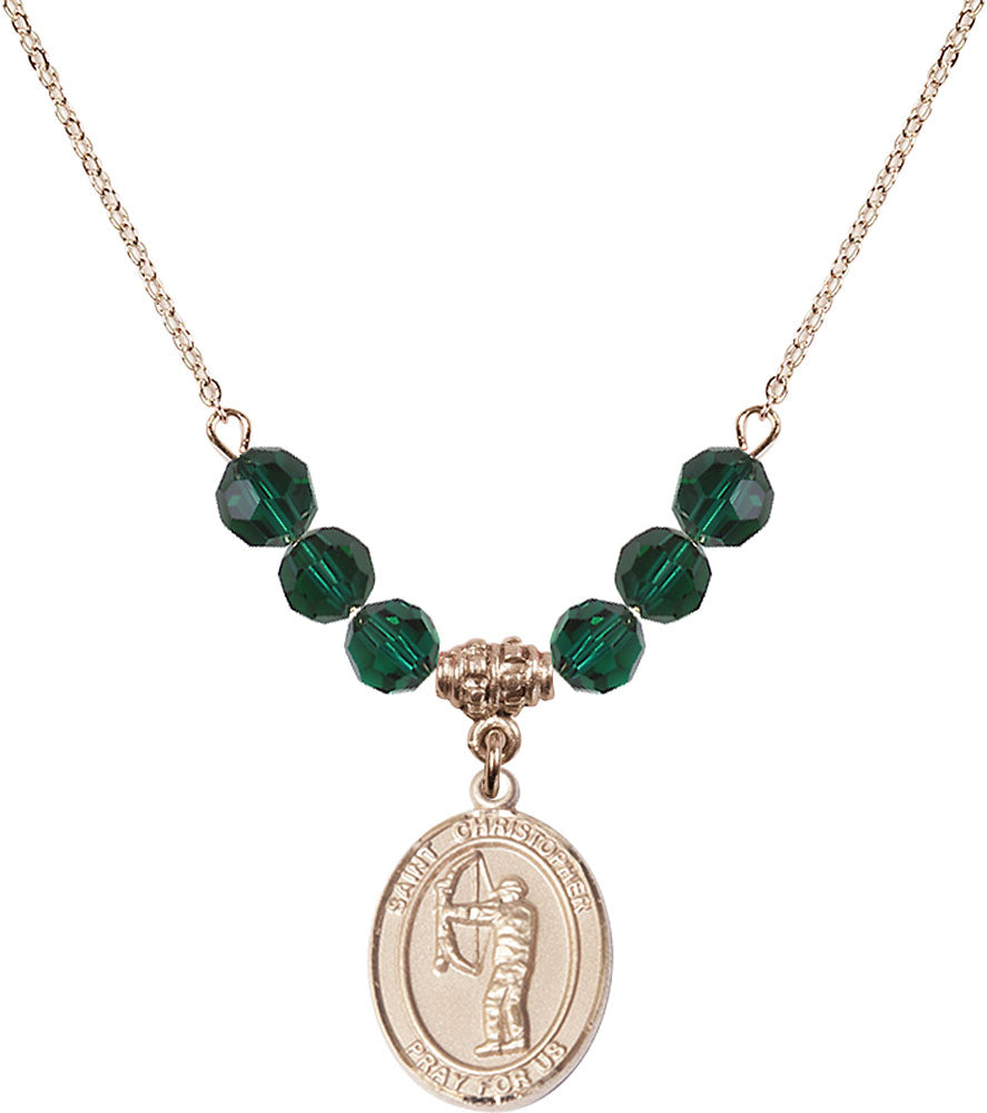 14kt Gold Filled Saint Christopher/Archery Birthstone Necklace with Emerald Beads - 8190