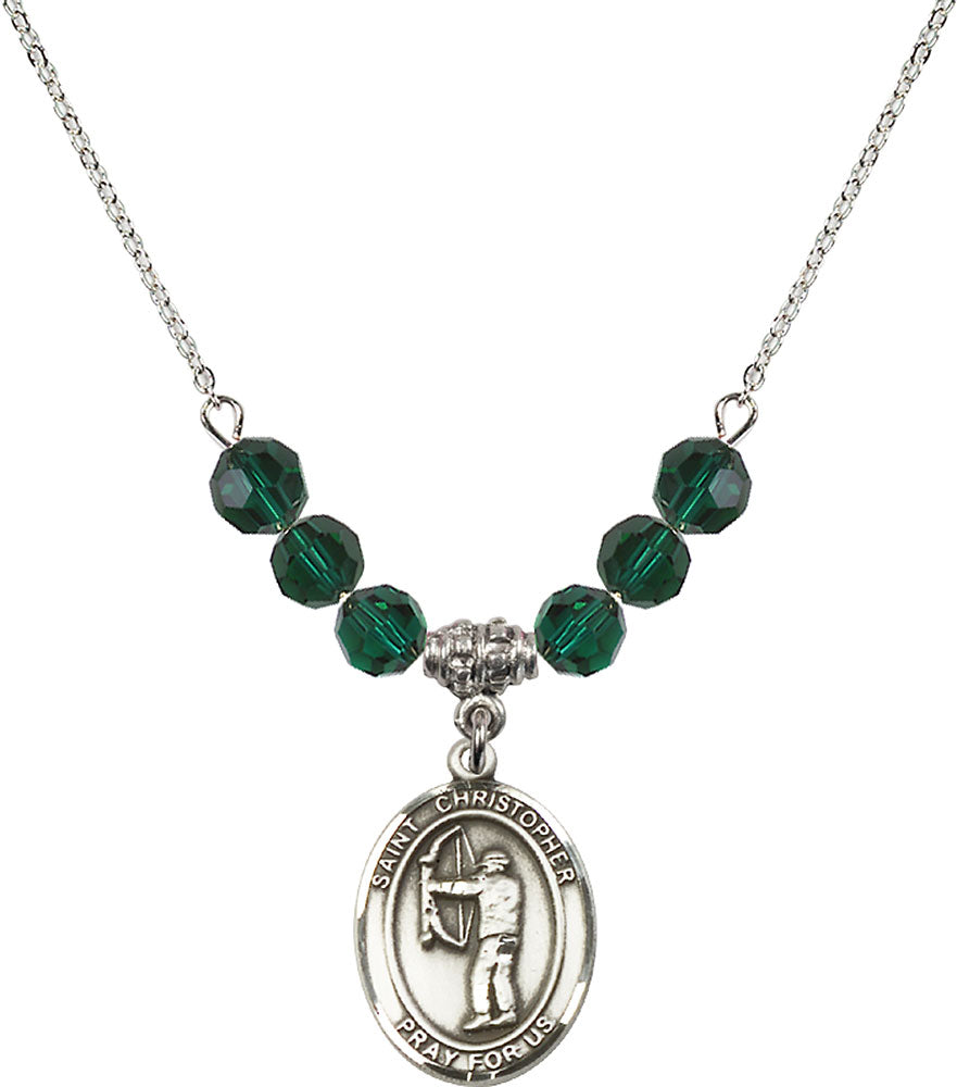 Sterling Silver Saint Christopher/Archery Birthstone Necklace with Emerald Beads - 8190