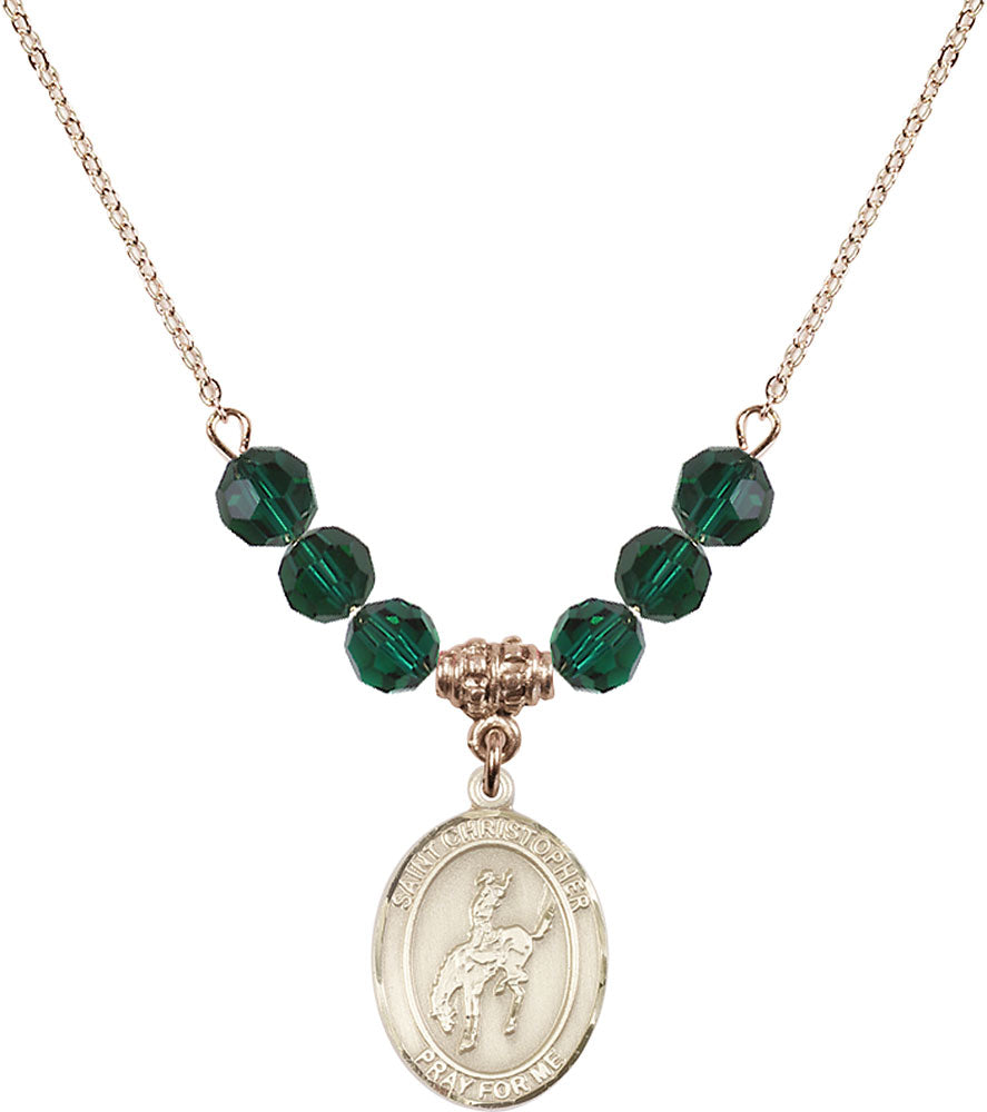 14kt Gold Filled Saint Christopher / Rodeo Birthstone Necklace with Emerald Beads - 8192