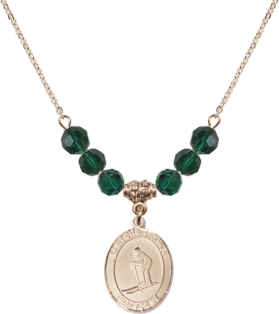14kt Gold Filled Saint Christopher / Skiing Birthstone Necklace with Emerald Beads - 8193