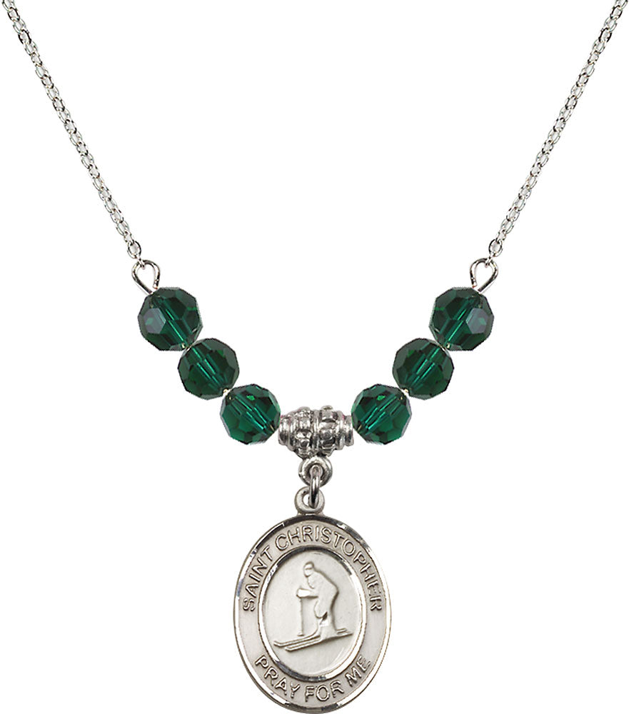 Sterling Silver Saint Christopher / Skiing Birthstone Necklace with Emerald Beads - 8193