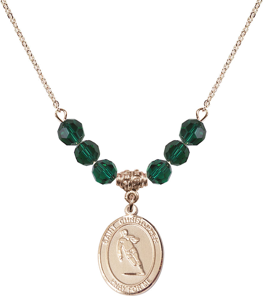 14kt Gold Filled Saint Christopher / Rugby Birthstone Necklace with Emerald Beads - 8194