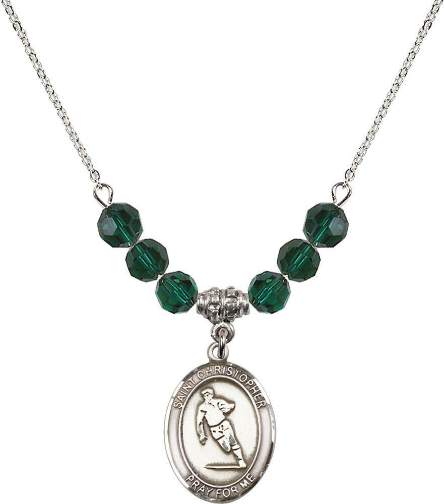 Sterling Silver Saint Christopher / Rugby Birthstone Necklace with Emerald Beads - 8194
