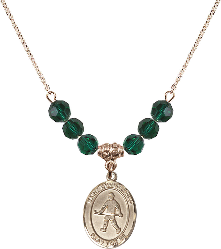 14kt Gold Filled Saint Christopher / Field Hockey Birthstone Necklace with Emerald Beads - 8195