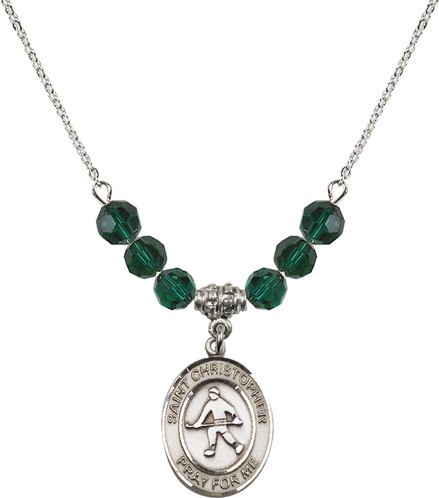 Sterling Silver Saint Christopher / Field Hockey Birthstone Necklace with Emerald Beads - 8195