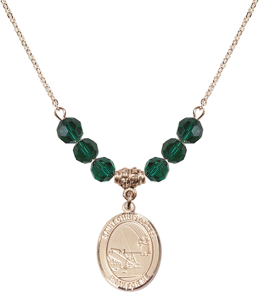 14kt Gold Filled Saint Christopher / Fishing Birthstone Necklace with Emerald Beads - 8196