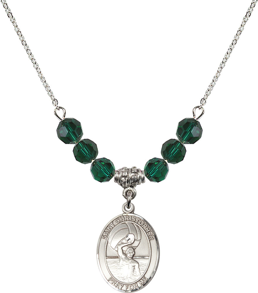 Sterling Silver Saint Christopher/Water Polo-Men Birthstone Necklace with Emerald Beads - 8198