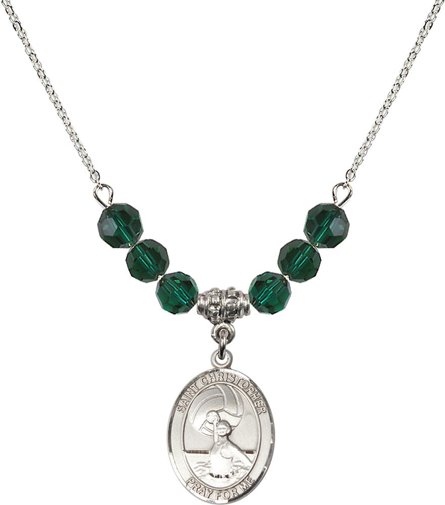 Sterling Silver Saint Christopher/Water Polo-Women Birthstone Necklace with Emerald Beads - 8199