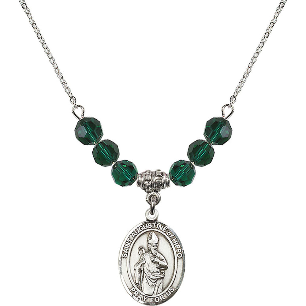 Sterling Silver Saint Augustine of Hippo Birthstone Necklace with Emerald Beads - 8202