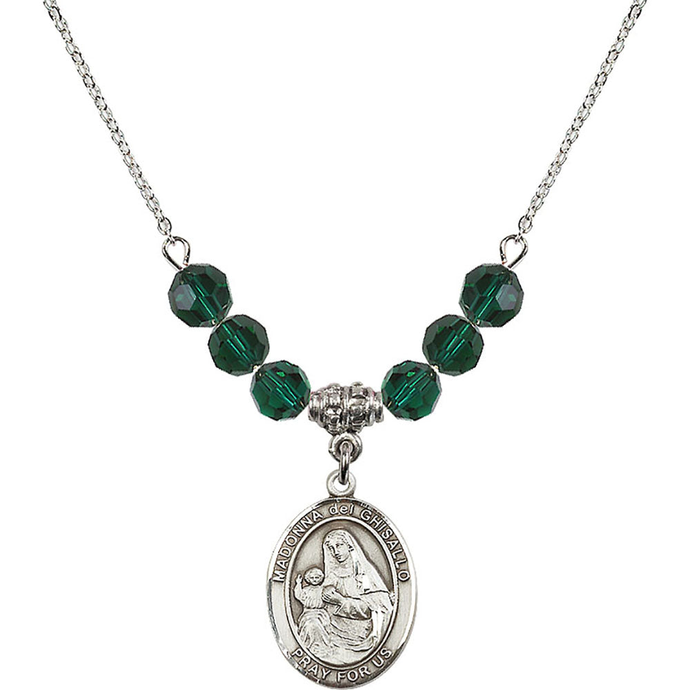 Sterling Silver Madonna del Ghisallo Birthstone Necklace with Emerald Beads - 8203