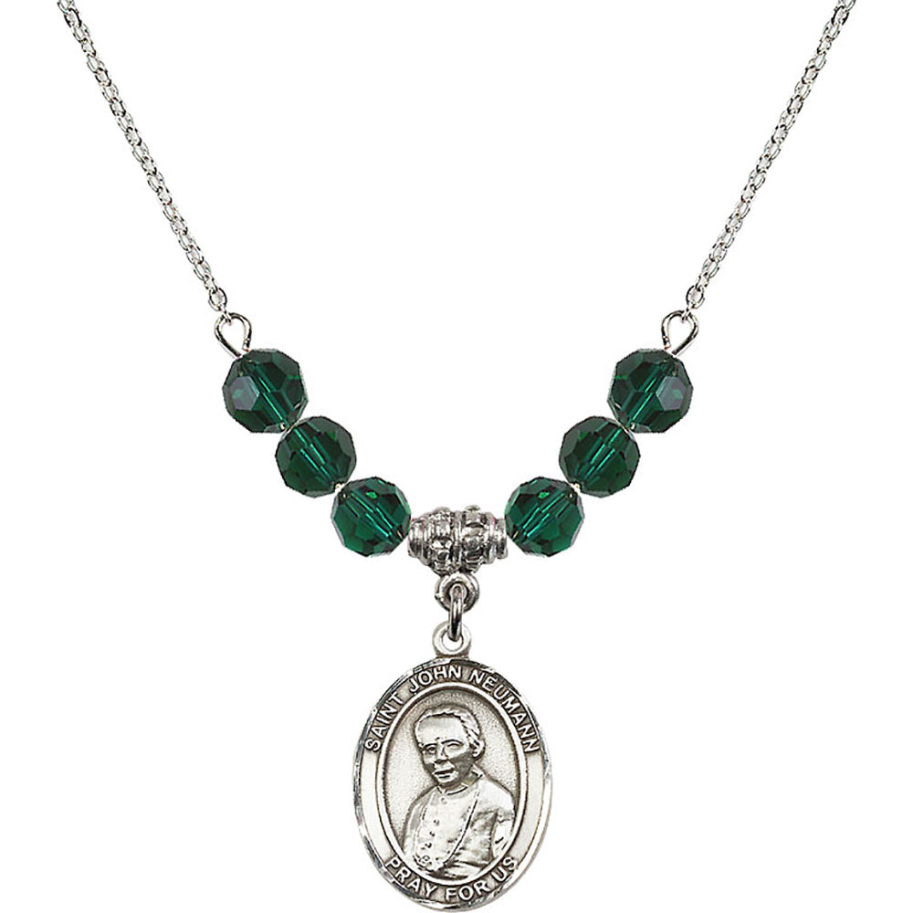 Sterling Silver Saint John Neumann Birthstone Necklace with Emerald Beads - 8204