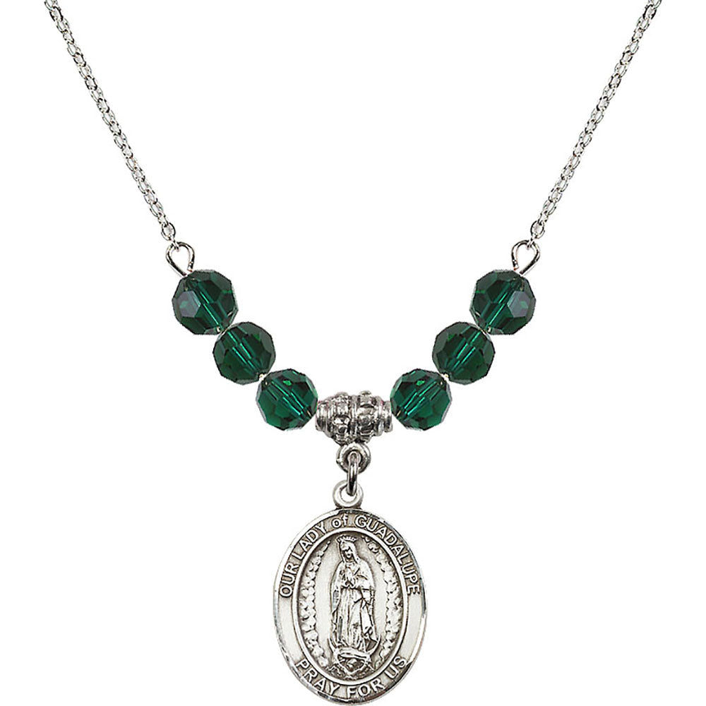 Sterling Silver Our Lady of Guadalupe Birthstone Necklace with Emerald Beads - 8206