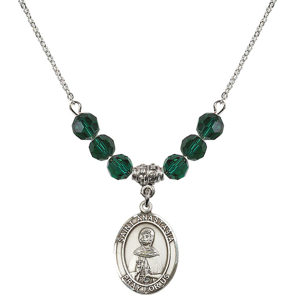 Sterling Silver Saint Anastasia Birthstone Necklace with Emerald Beads - 8213