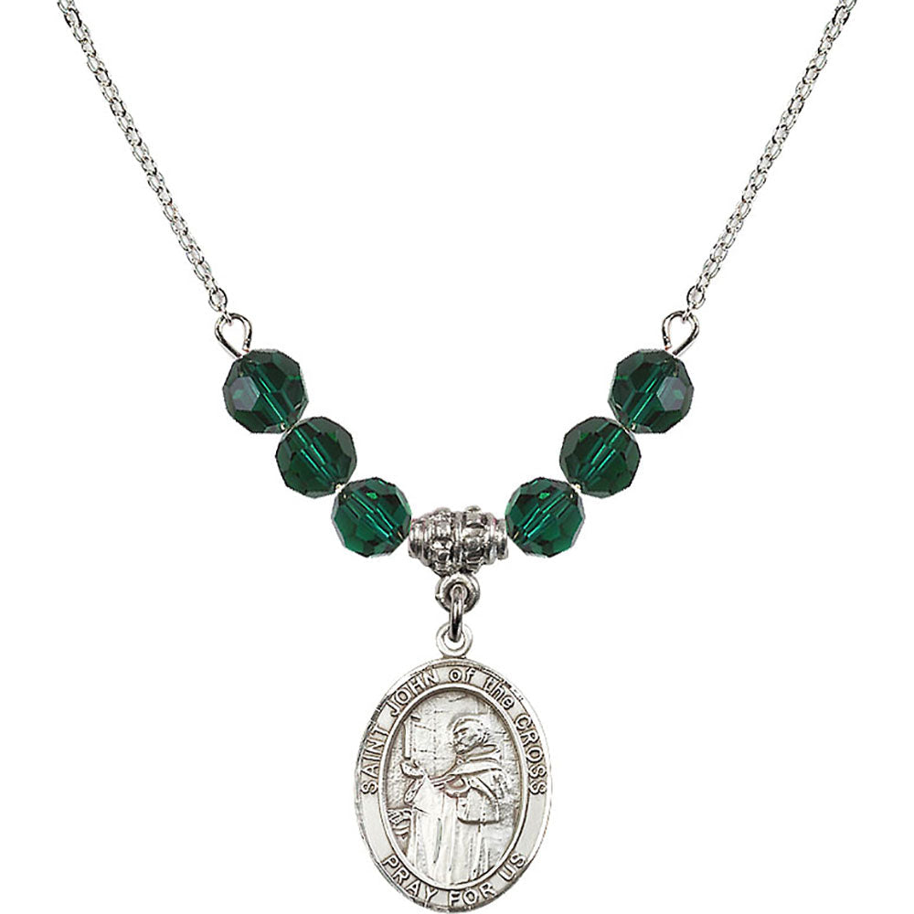 Sterling Silver Saint John of the Cross Birthstone Necklace with Emerald Beads - 8231