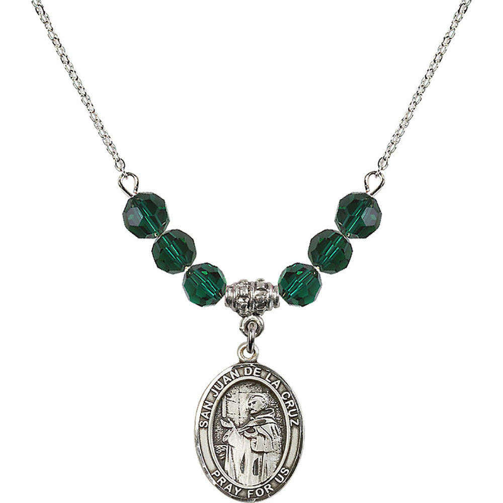 Sterling Silver San Juan de la Cruz Birthstone Necklace with Emerald Beads - 8232