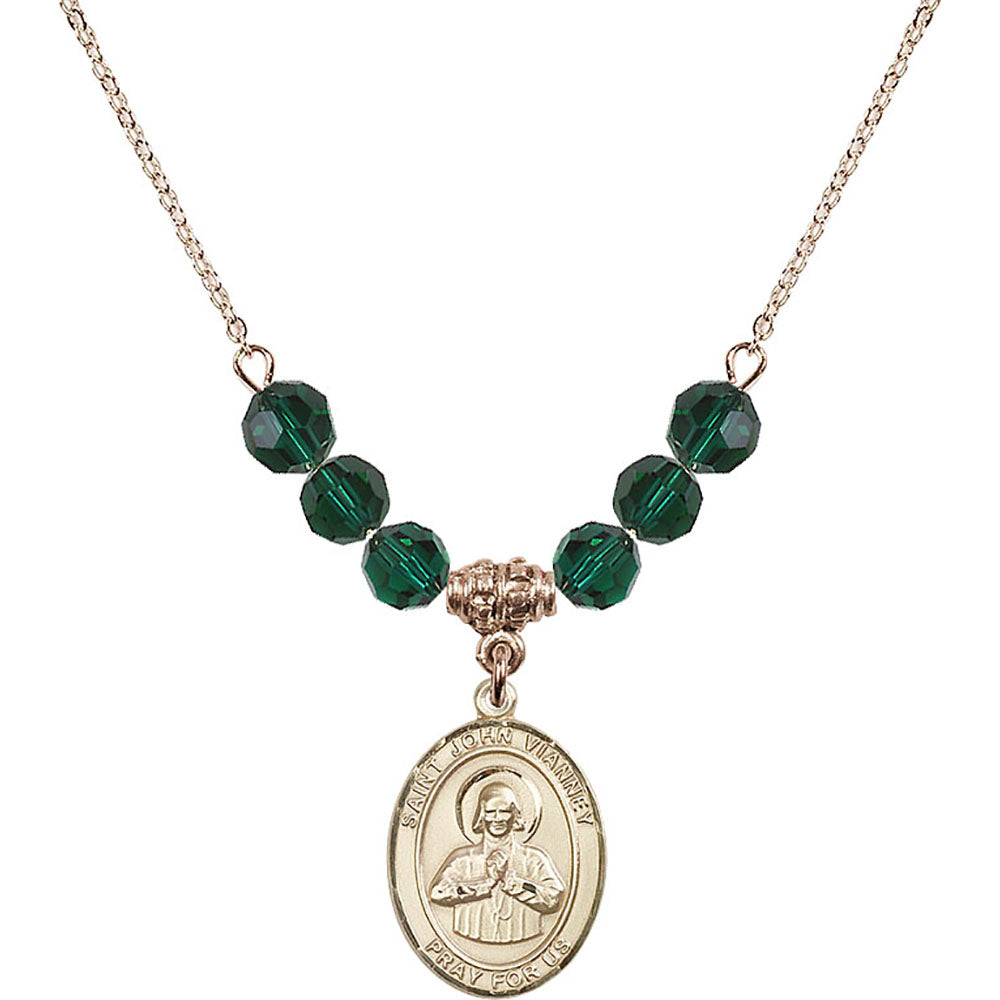 14kt Gold Filled Saint John Vianney Birthstone Necklace with Emerald Beads - 8282