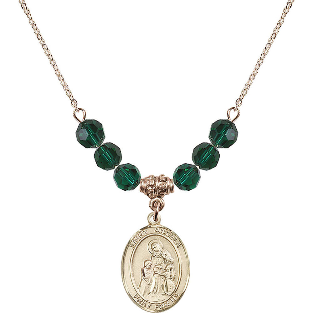 14kt Gold Filled Saint Angela Merici Birthstone Necklace with Emerald Beads - 8284