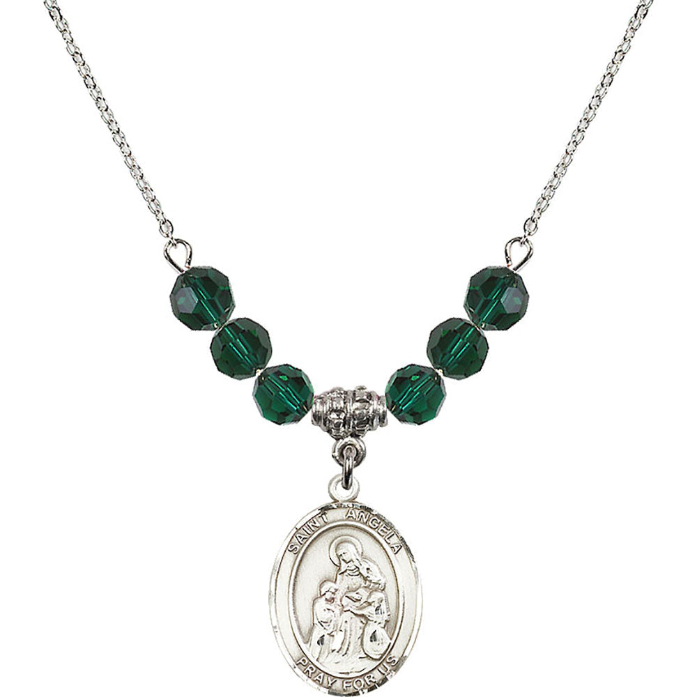Sterling Silver Saint Angela Merici Birthstone Necklace with Emerald Beads - 8284