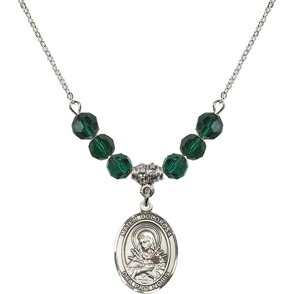 Sterling Silver Mater Dolorosa Birthstone Necklace with Emerald Beads - 8290