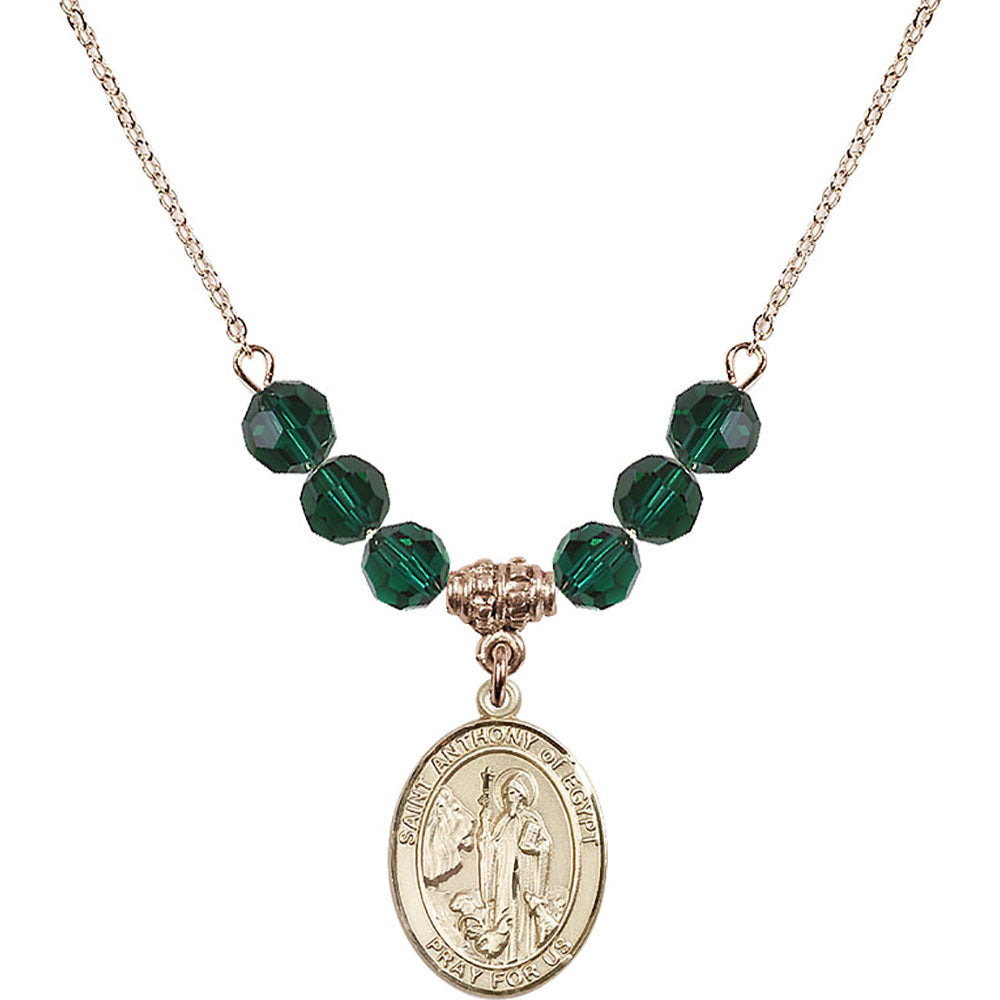 14kt Gold Filled Saint Anthony of Egypt Birthstone Necklace with Emerald Beads - 8317