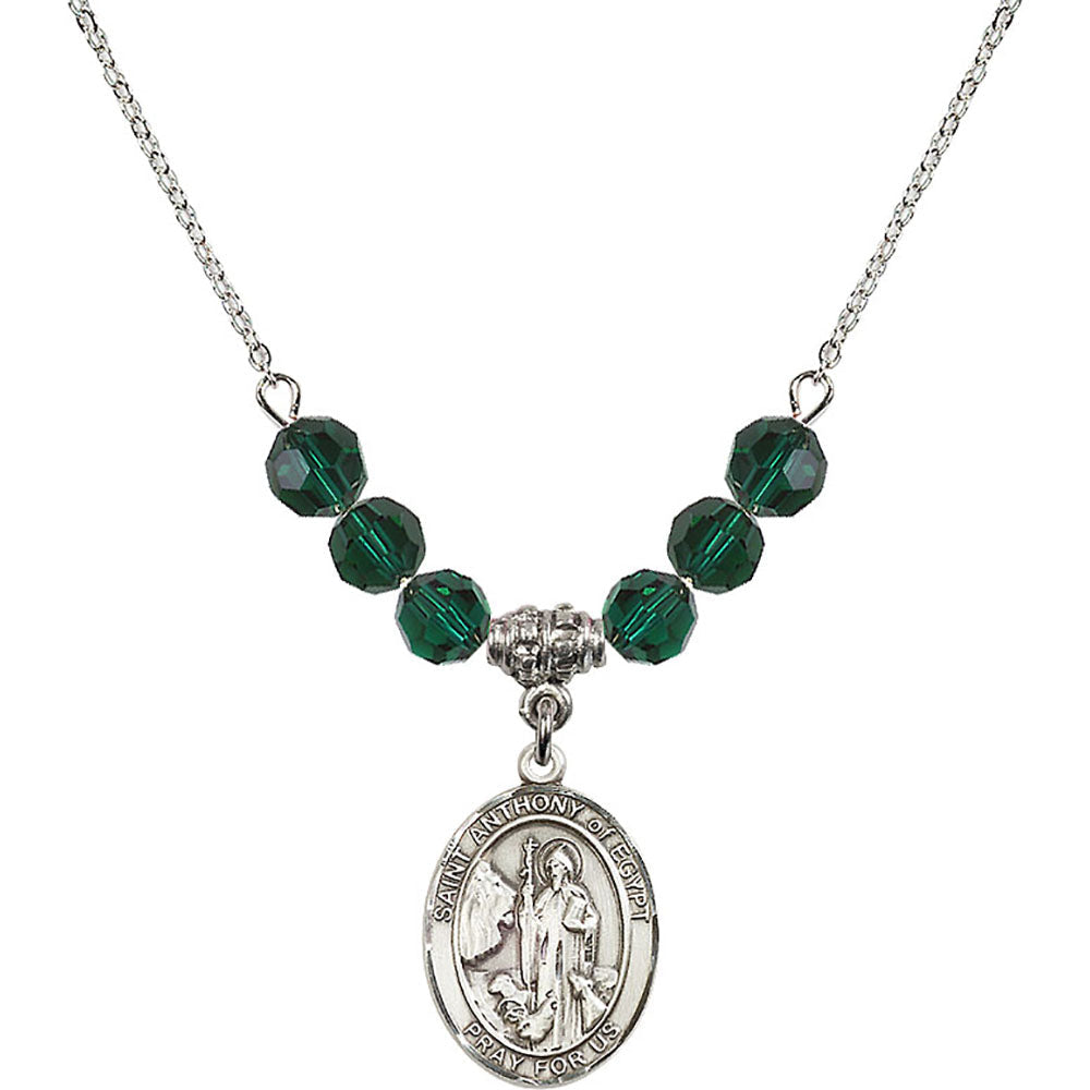 Sterling Silver Saint Anthony of Egypt Birthstone Necklace with Emerald Beads - 8317