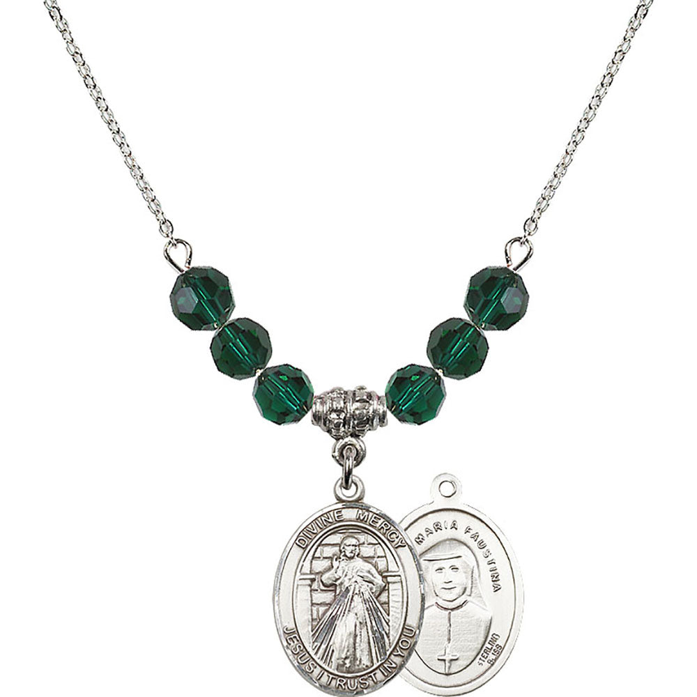 Sterling Silver Divine Mercy Birthstone Necklace with Emerald Beads - 8366