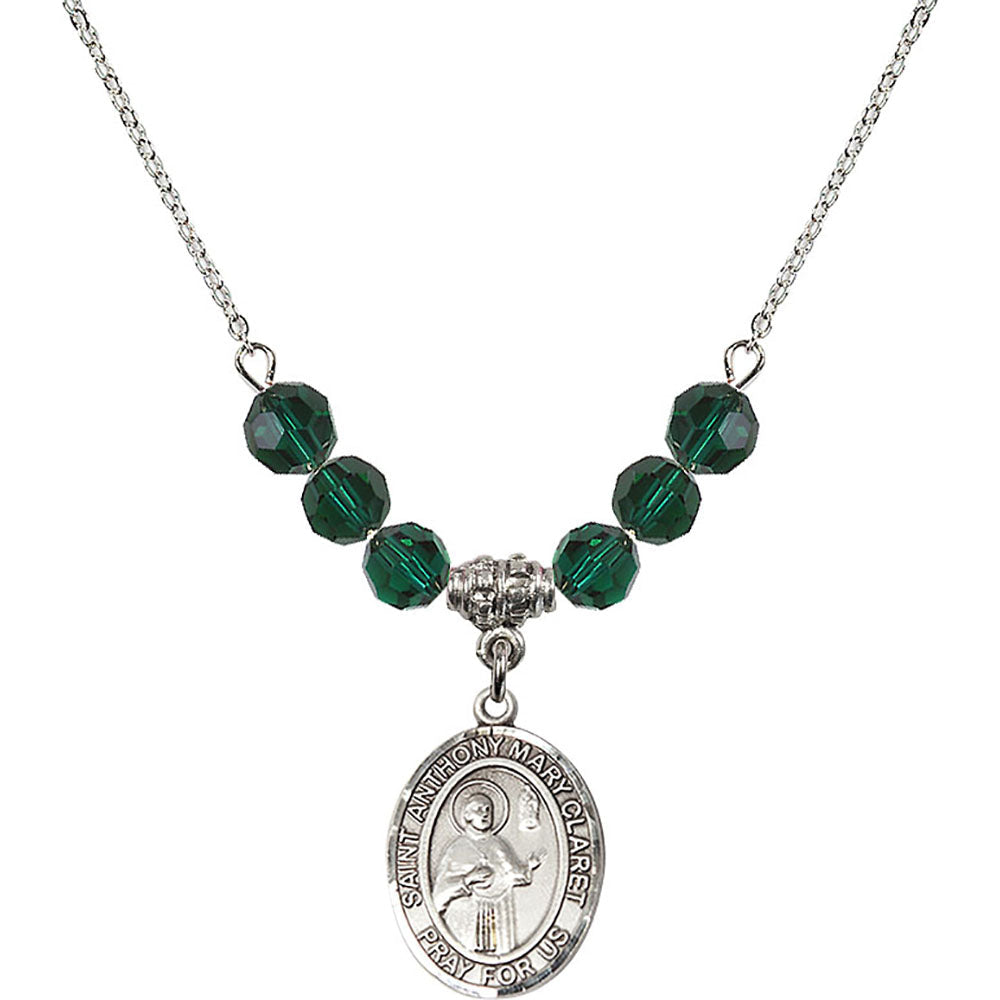 Sterling Silver Saint Anthony Mary Claret Birthstone Necklace with Emerald Beads - 8416