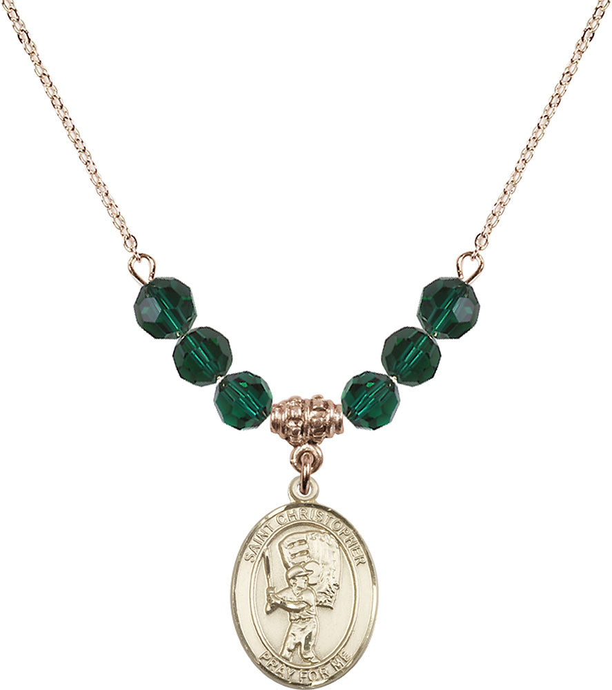 14kt Gold Filled Saint Christopher/Baseball Birthstone Necklace with Emerald Beads - 8500